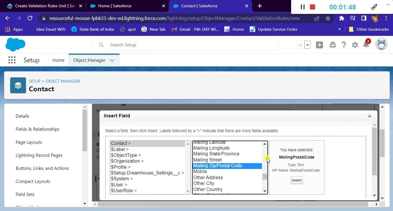 Insert Field dialog with Mailing Zip/Postal Code selected and ready to insert.