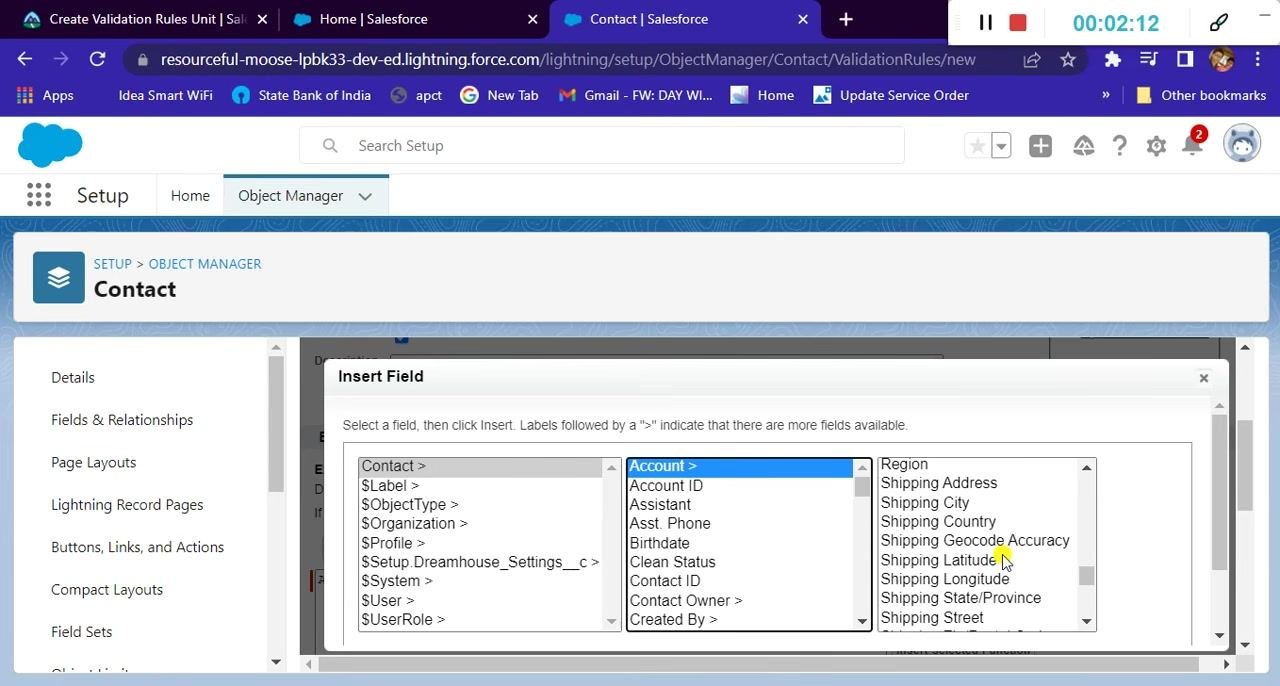 Insert Field dialog with the Account section expanded and Shipping Postal Code visible in the list.