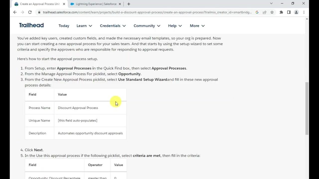 Trailhead module page showing the "Create an Approval Process" unit with video and project details