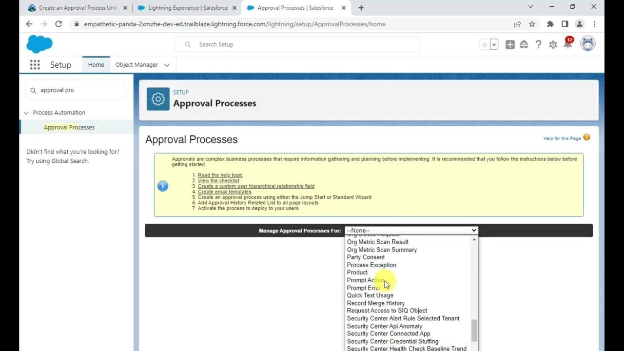 Salesforce Setup screen with "Opportunity" selected in the Manage Approval Processes For dropdown