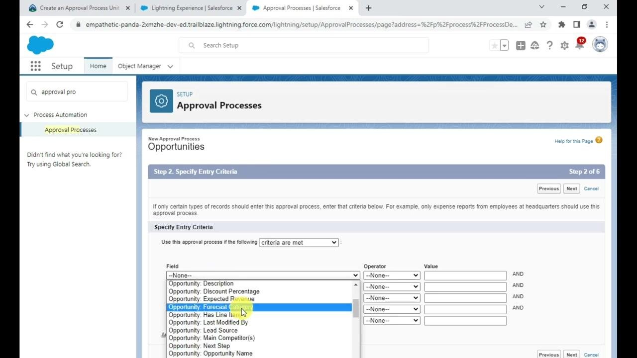 Salesforce Setup wizard at Step 2 of 6, showing entry criteria selection for Opportunities