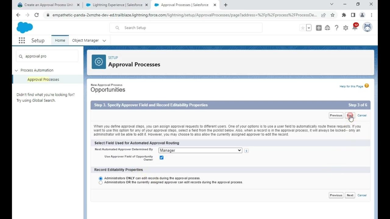 Salesforce Setup wizard, Step 3 of 6, with "Manager" selected as approver and record editability options