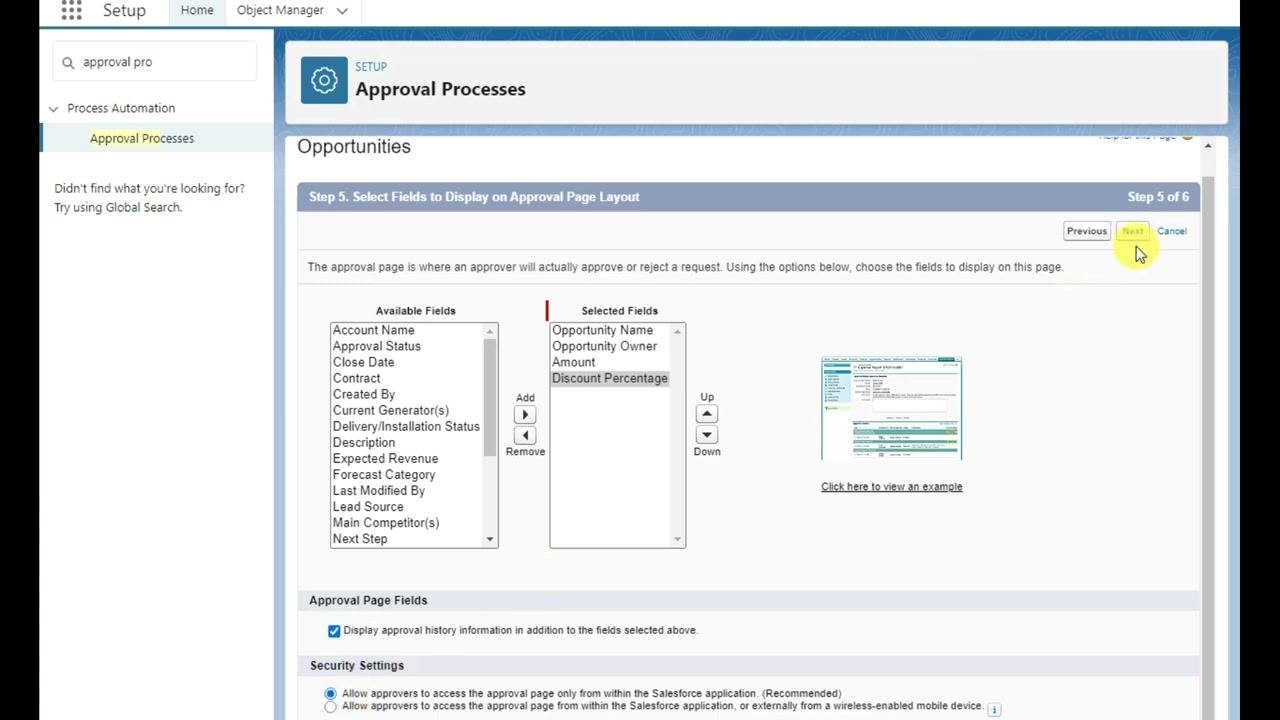 Salesforce Setup wizard, Step 5 of 6, showing selected fields and the approval history option checked