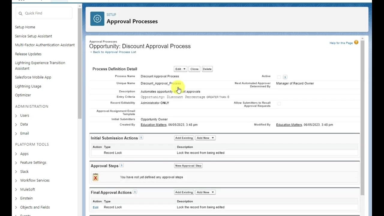 Salesforce approval process detail page showing all process settings and actions