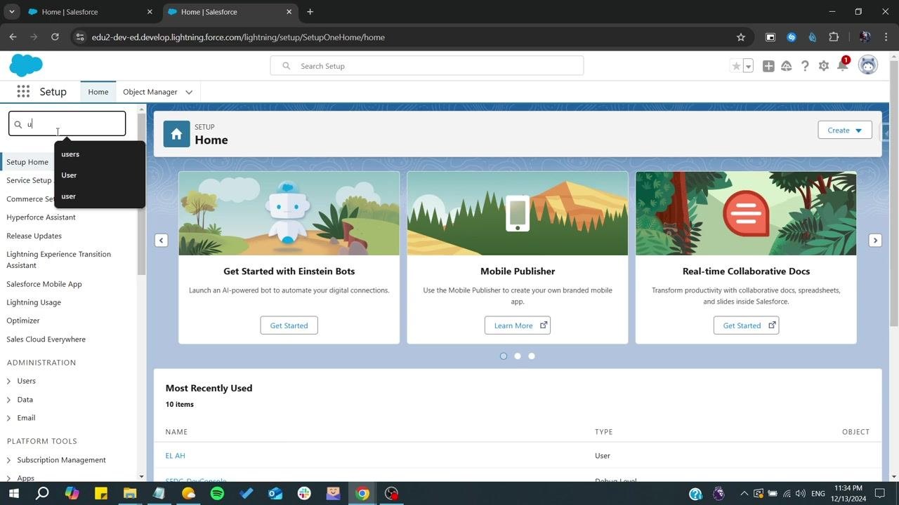 Salesforce Home page with dashboards and navigation bar visible