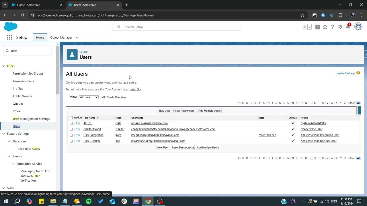 Salesforce Home page with the cursor positioned near the Setup menu