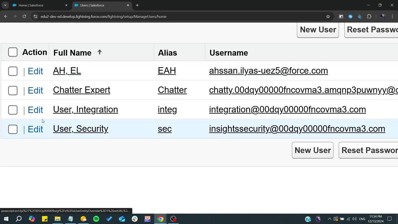 Close-up of the Users list showing the Edit link next to each user