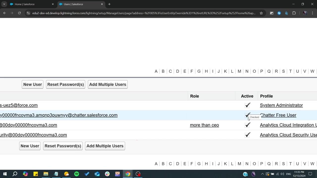 Salesforce Users list showing the deactivated user with the Active checkbox unchecked