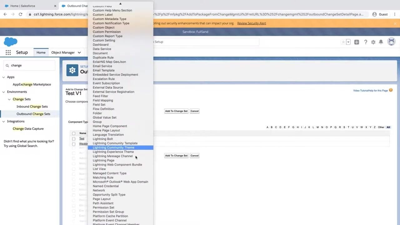Add to Change Set screen with the Component Type dropdown expanded, showing options like Custom Object, Lightning Community Theme, and Page Layout.