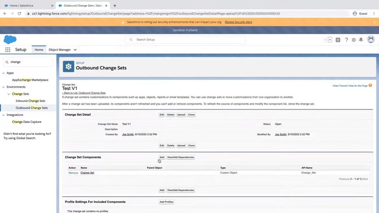 Outbound Change Sets page showing a component added under Change Set Components.