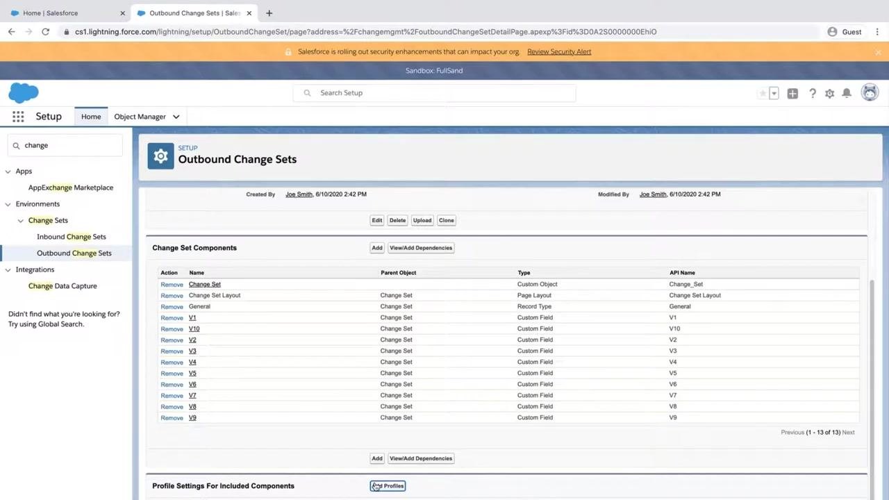 Outbound Change Sets page showing the Add Profiles button under Profile Settings for Included Components.