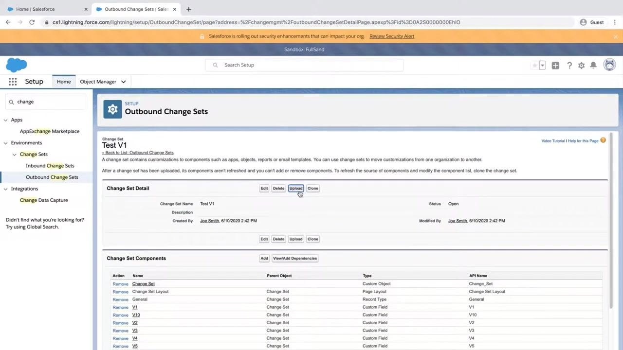 Outbound Change Sets page for 'Test V1' with the Upload button highlighted and ready to be clicked.