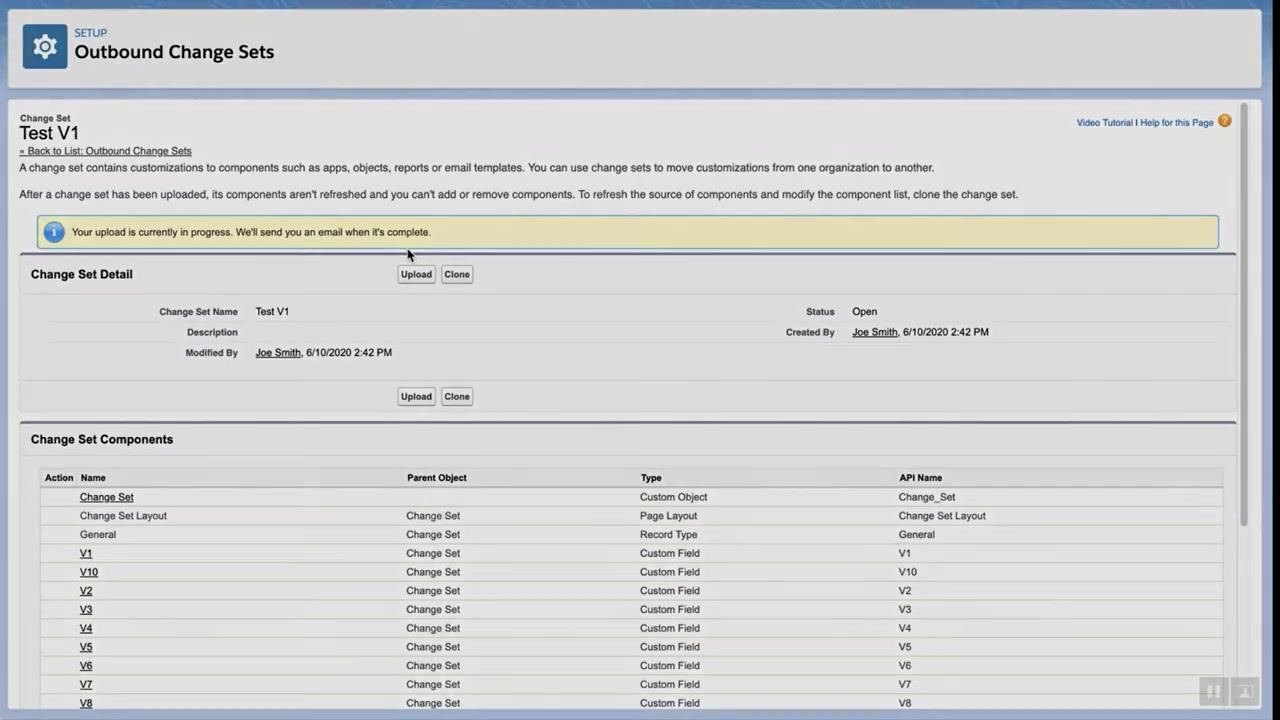 Outbound Change Sets page with the upload in progress and additional resource links available.