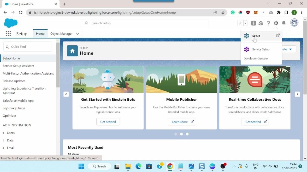 Salesforce Lightning Setup Home page with the gear icon and setup options visible