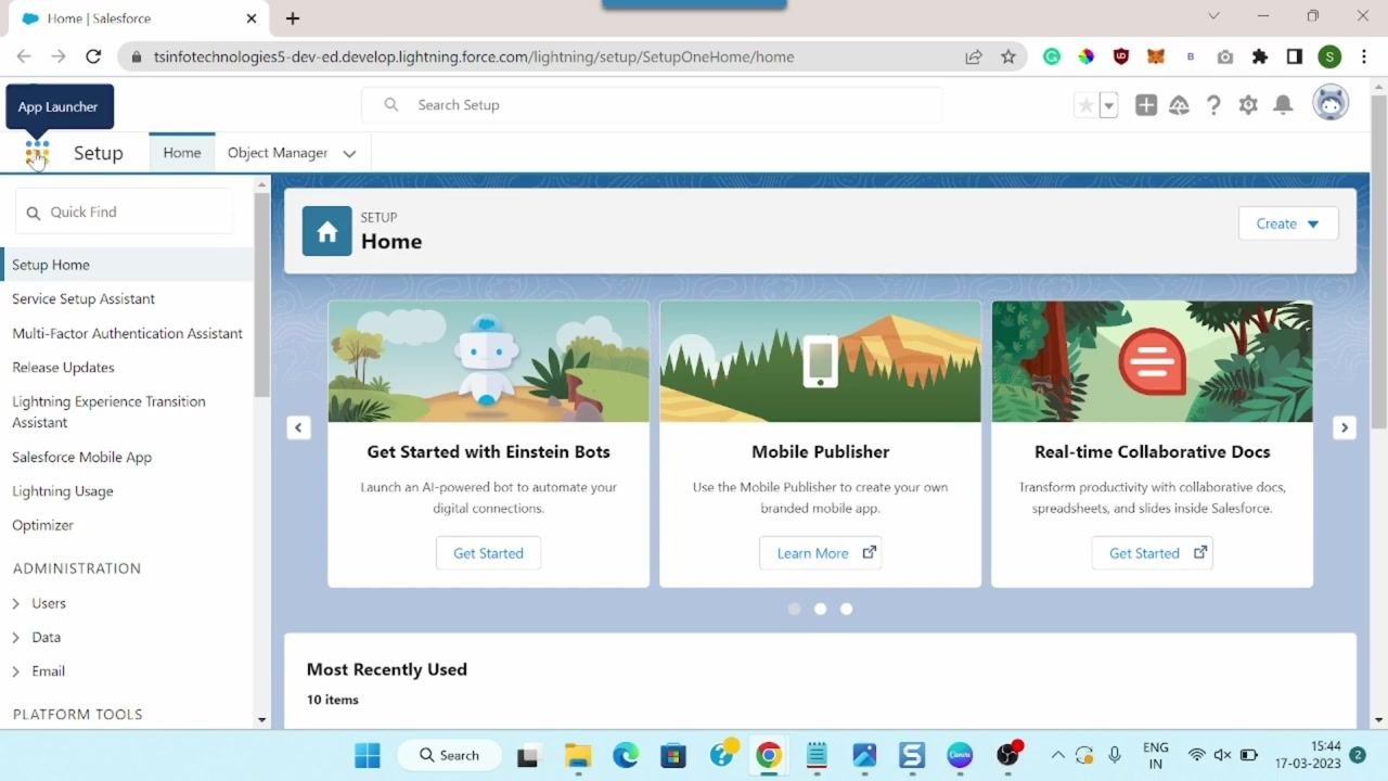 App Launcher icon highlighted on the Salesforce Lightning Setup Home page