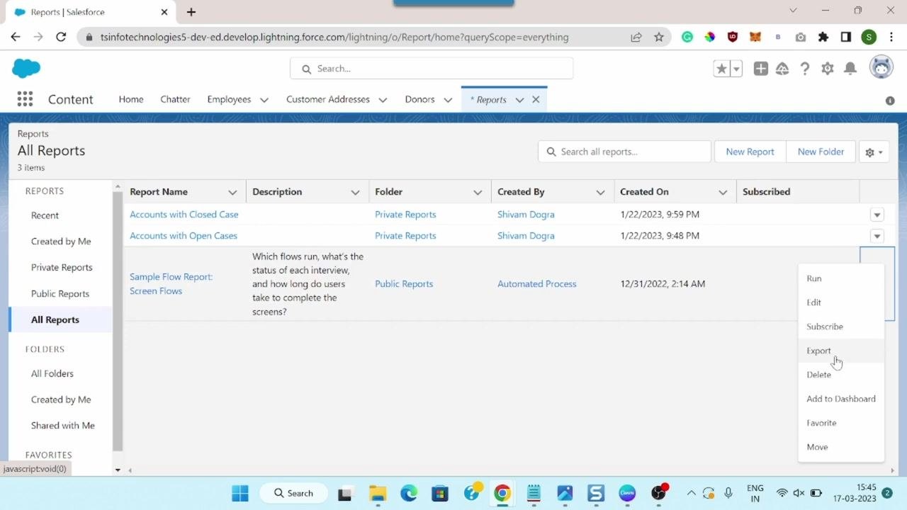 Salesforce Reports page with the actions dropdown open for a report, showing the Export option