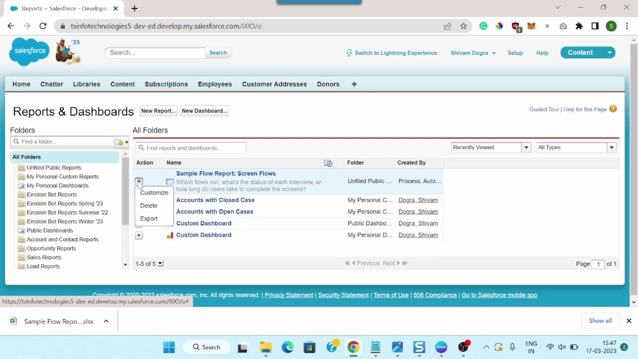 Salesforce Classic Reports & Dashboards page with the action dropdown open and Export highlighted