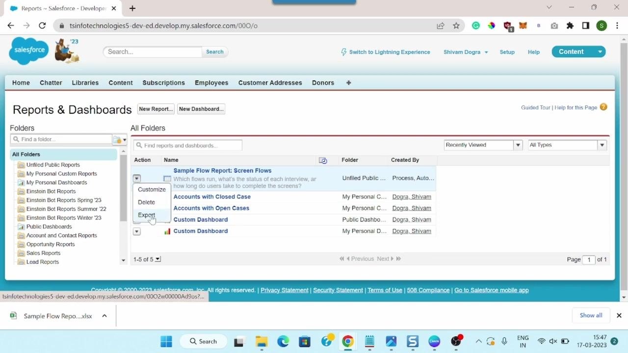 Salesforce Classic Export Report dialog after export, showing the downloaded file in the browser bar