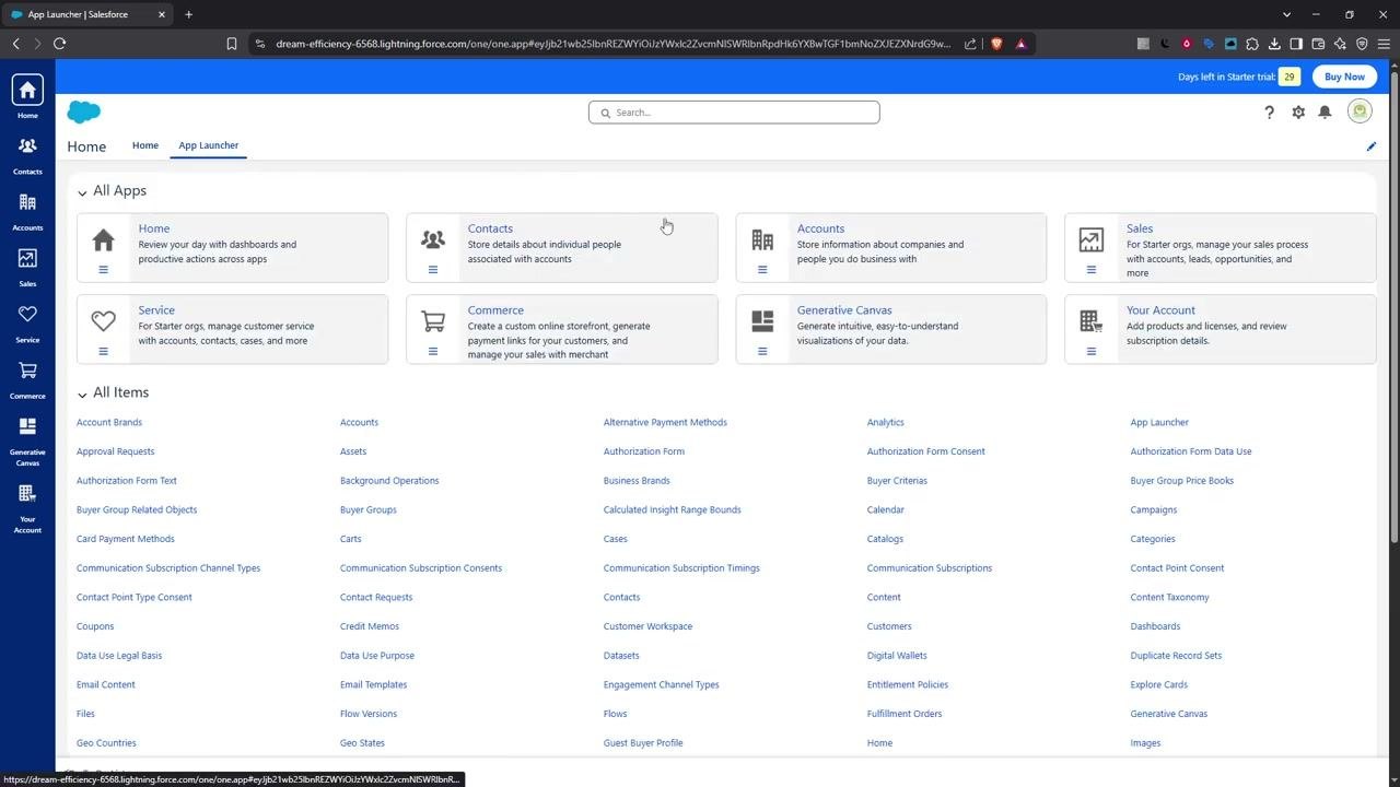 Salesforce Home dashboard showing widgets and the navigation sidebar