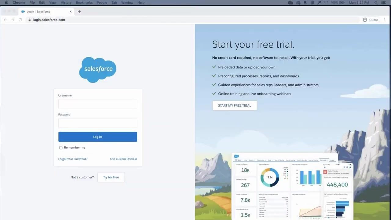 Salesforce login page with username and password fields, a Log In button, and a free trial promotion