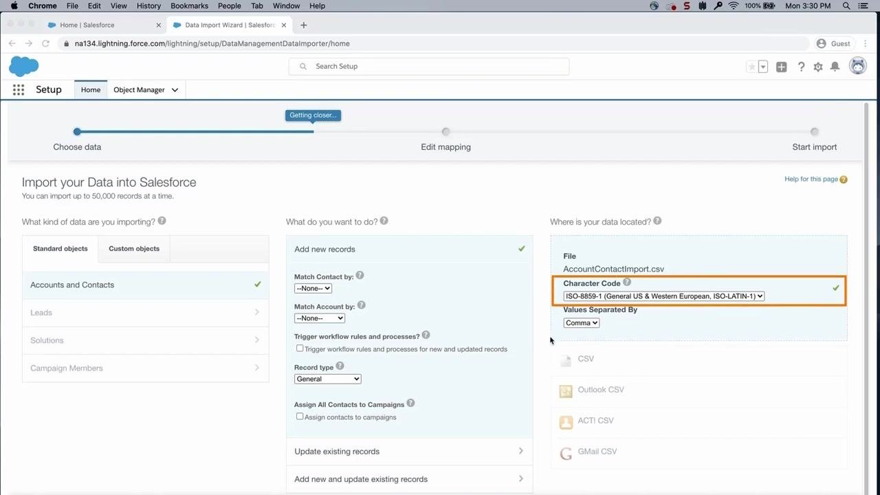 Salesforce Data Import Wizard with the file uploaded, Character Code set to ISO-8859-1, and Values Separated By set to Comma