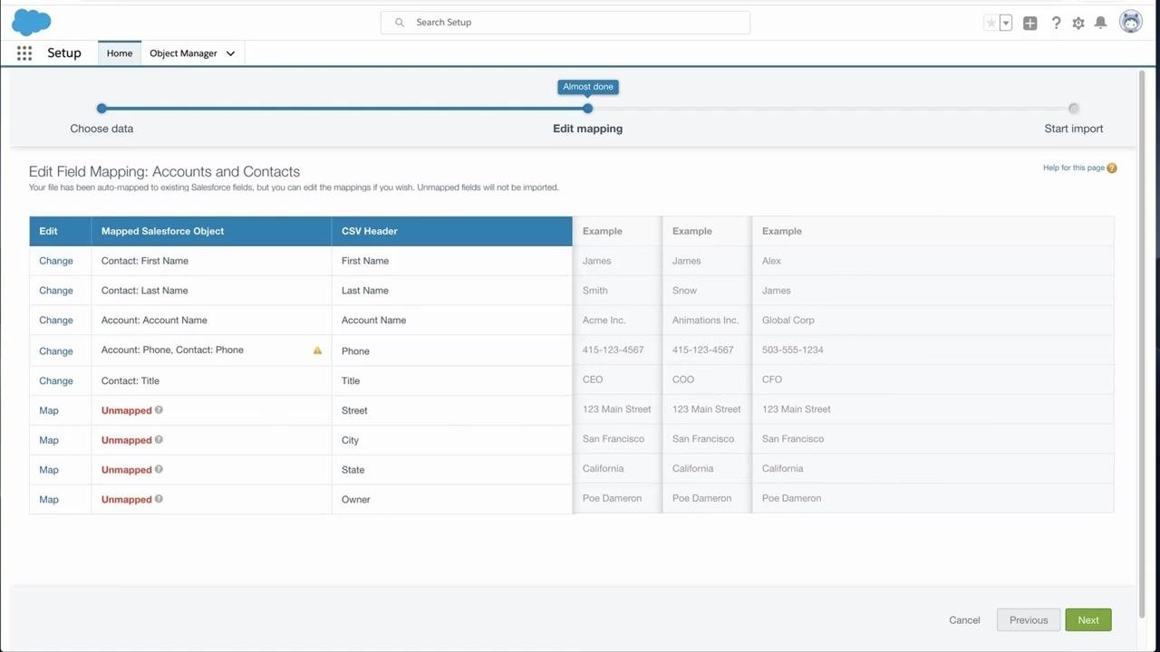 Salesforce Data Import Wizard Edit Field Mapping screen showing mapped and unmapped fields, including Street, City, State, and Owner listed as unmapped