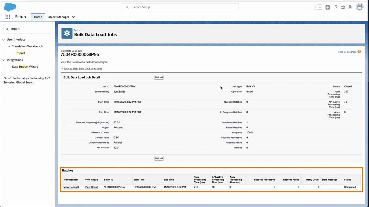 Review & Start Import screen showing 9 mapped fields and 0 unmapped fields, with the Start Import button highlighted