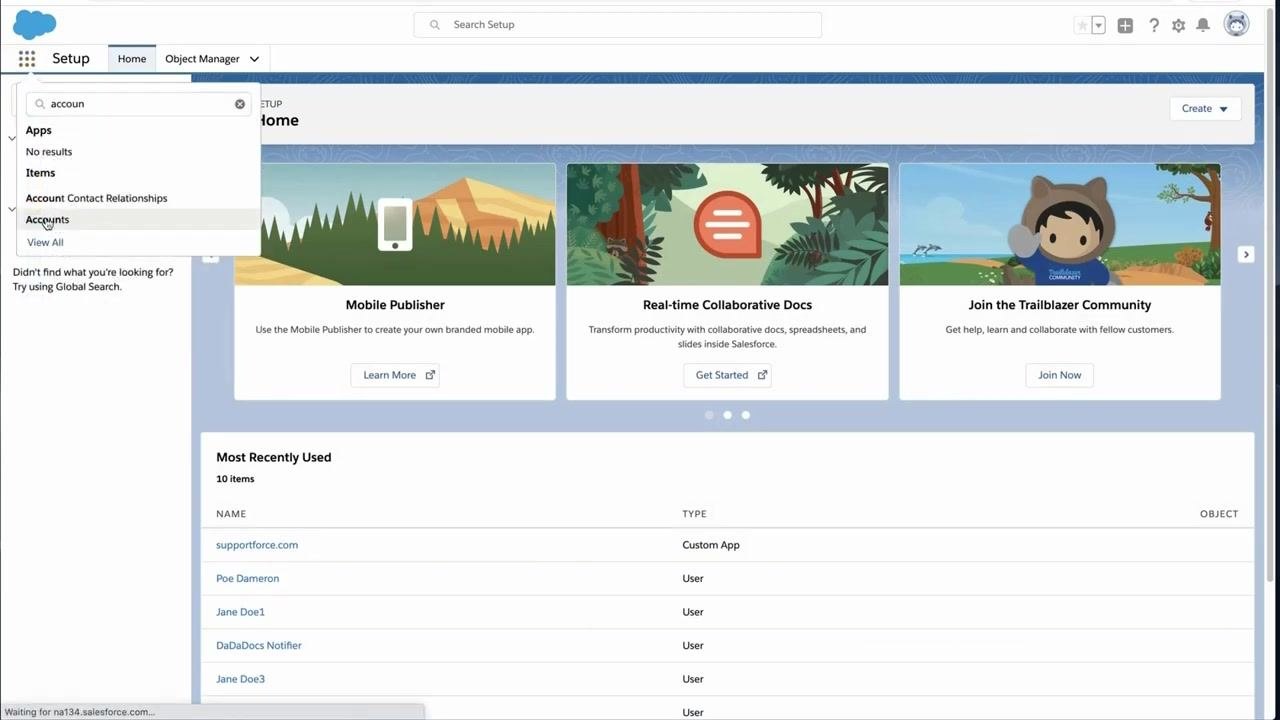 Salesforce Setup Home screen with the search bar in use, "accoun" typed, and Accounts highlighted in the dropdown