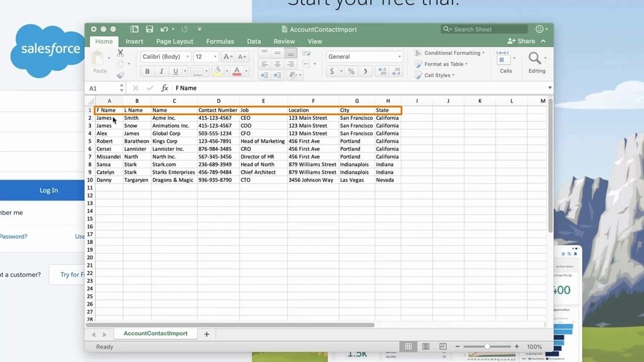 CSV file open in Excel with columns labeled F Name, L Name, Name, Contact Number, Job, Location, City, and State