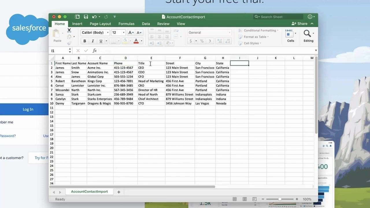 CSV file in Excel with updated column headings: First Name, Last Name, Account Name, Phone, Title, Street, City, and State