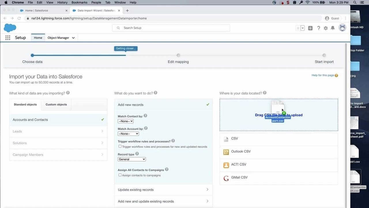 Salesforce Data Import Wizard with the Assign All Contacts to Campaigns option visible and unchecked