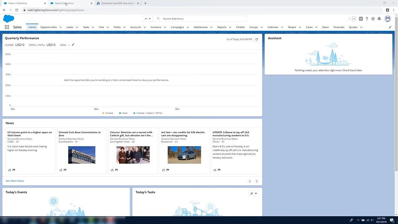 Salesforce home page with navigation bar, quarterly performance chart, news, events, and tasks panels visible