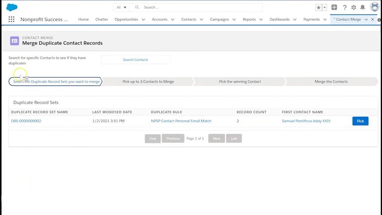 Contact Merge tool screen showing the options to view duplicate contacts or search contacts, along with a list of duplicate record sets