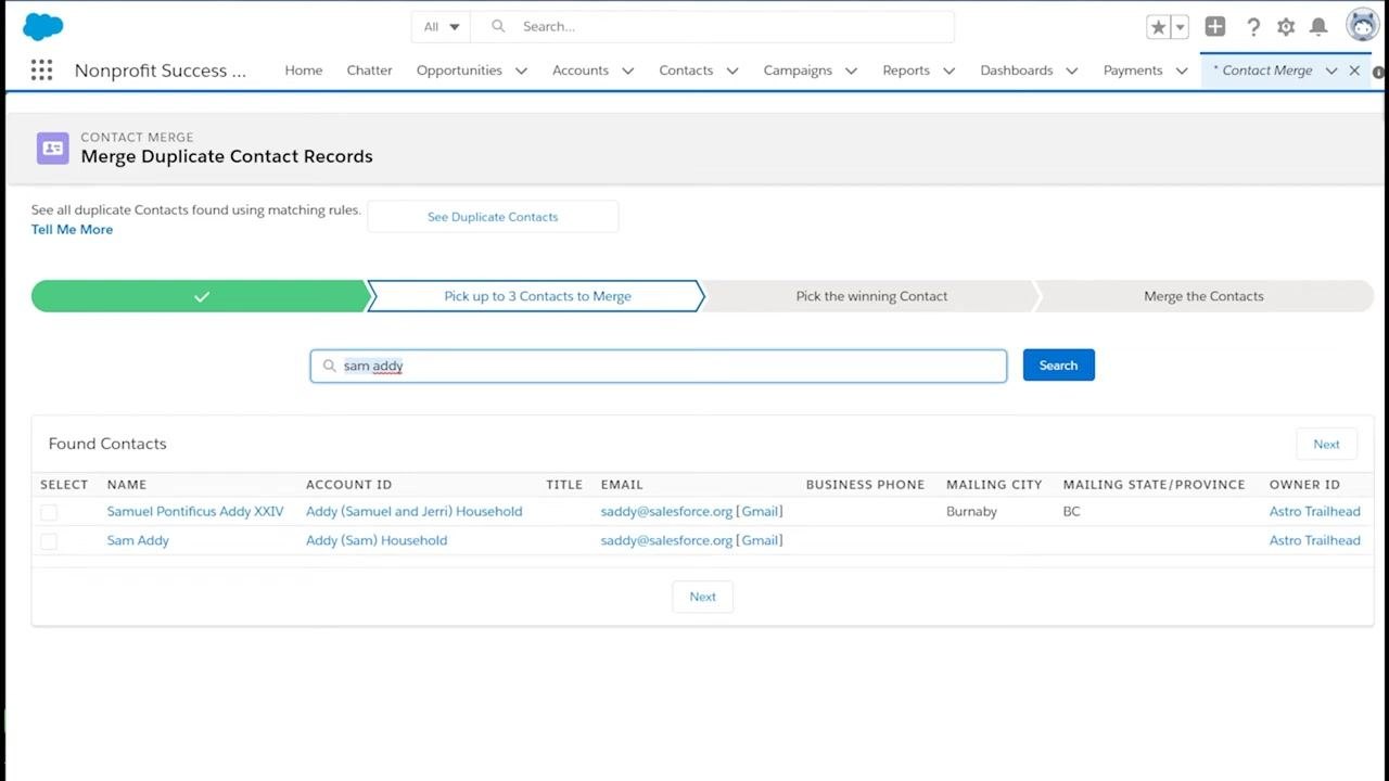 Contact Merge search screen displaying Samuel Pontificus Addy XXIV and Sam Addy as matching contacts, with checkboxes available for selection