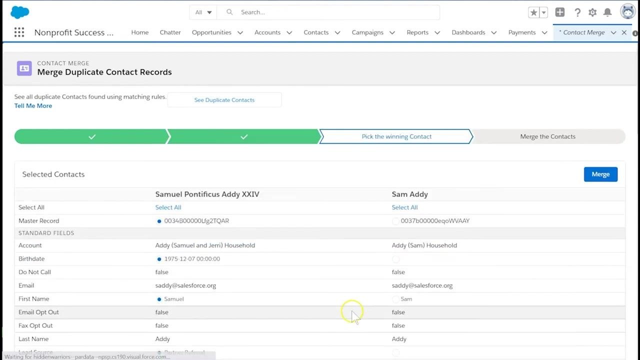Contact Merge review screen comparing Samuel Pontificus Addy XXIV and Sam Addy side by side, with options to select the master record and field values