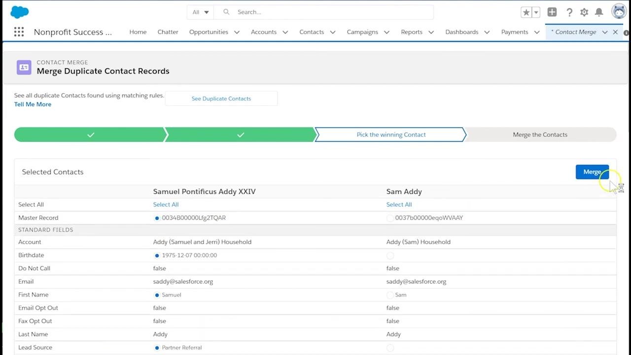 Salesforce Contact Merge screen with the Merge button highlighted, ready to finalize the merge