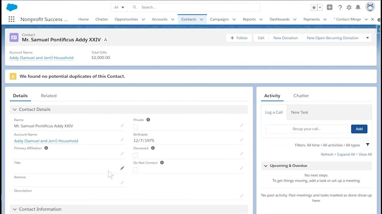 Salesforce contact record for Mr. Samuel Pontificus Addy XXIV, showing the merged details and confirmation that no potential duplicates remain