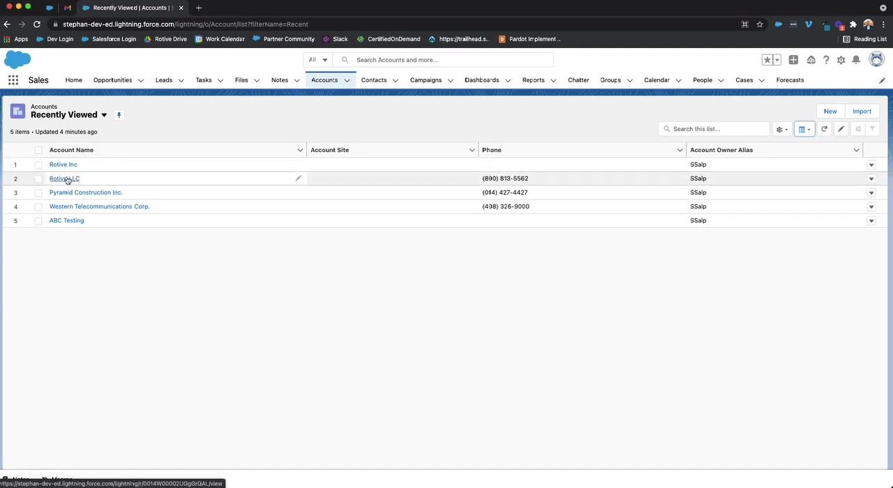 Salesforce Lightning Experience showing the Accounts tab with duplicate accounts "Rotive Inc" and "Rotive LLC" listed. Columns include Account Name, Account Site, Phone, and Account Owner Alias.