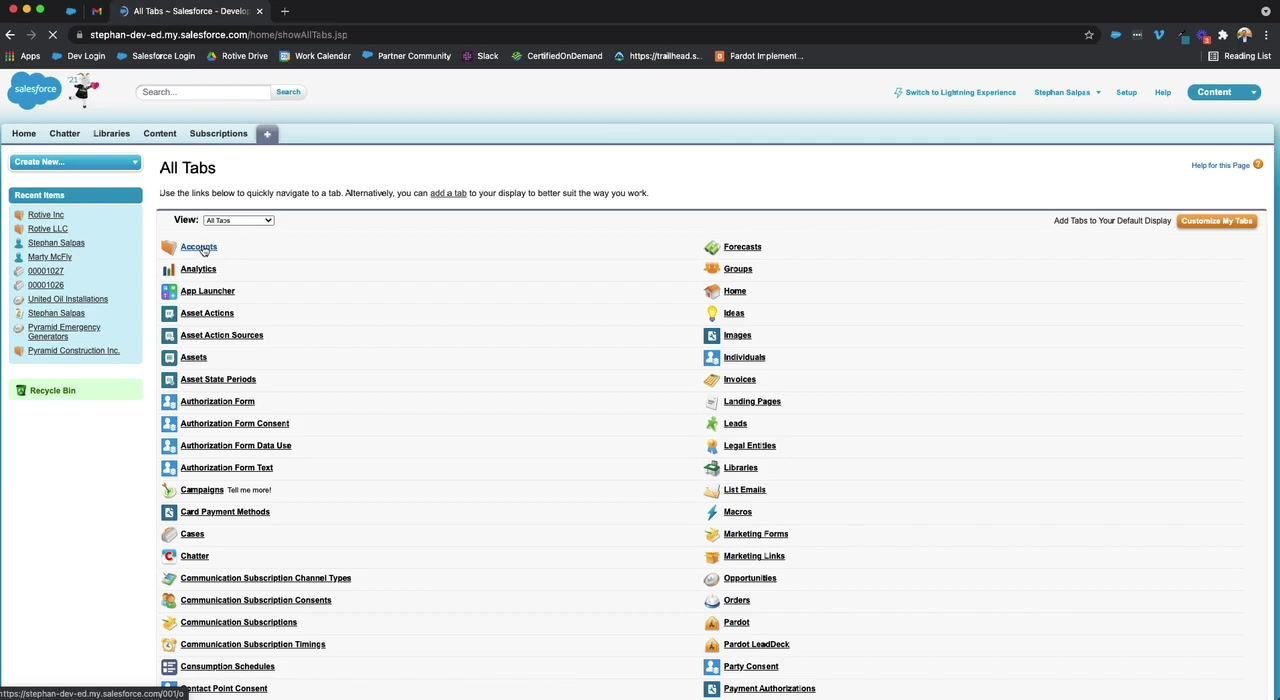 Salesforce Lightning Experience with the user profile dropdown open. The "Switch to Salesforce Classic" option is highlighted under Options.