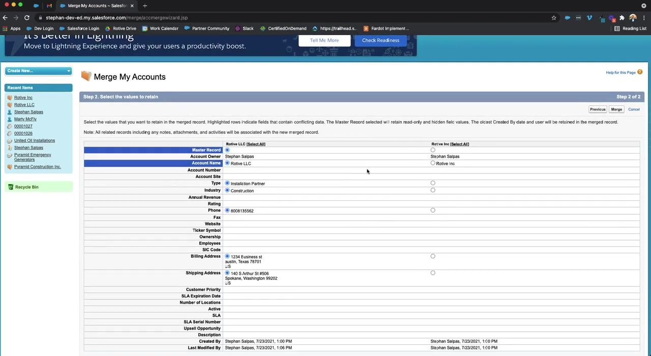 Salesforce Classic Accounts Home page. The "Merge Accounts" link is visible in the Tools section on the right.