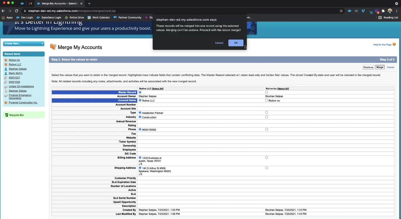 Salesforce Lightning Experience showing the merged "Rotive LLC" account record. The Details tab is open, displaying fields such as Account Owner, Account Name, Type, Industry, Phone, Billing Address, and Shipping Address.