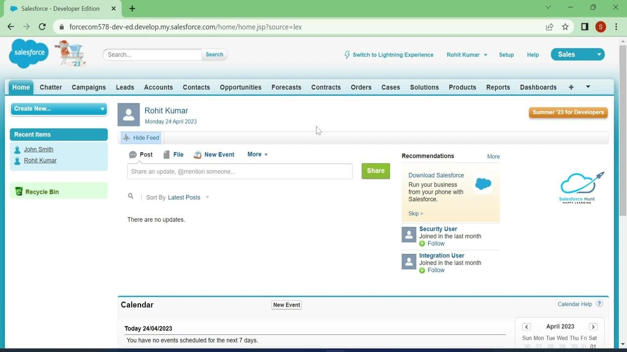 Salesforce Lightning interface with the profile dropdown open and "Switch to Salesforce Classic" highlighted