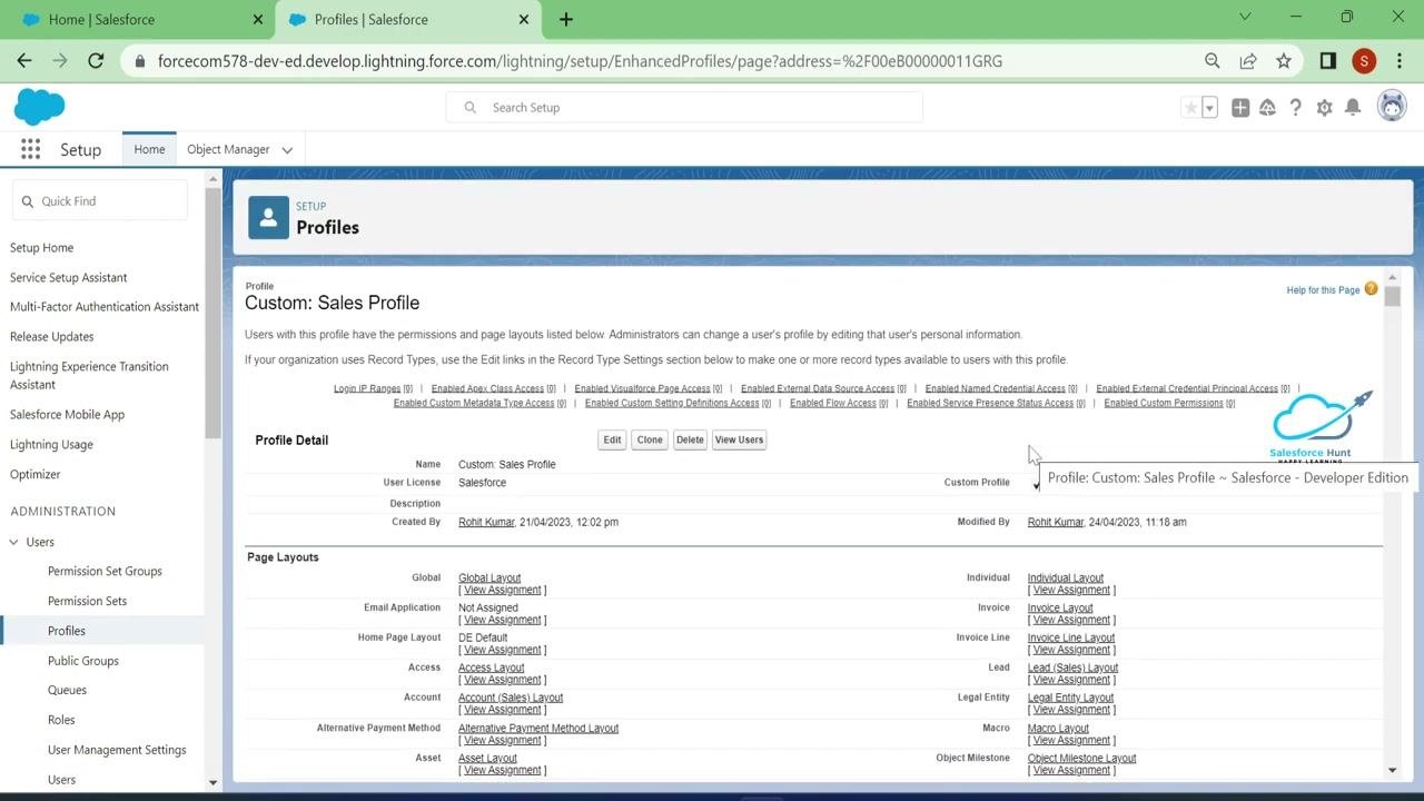 Salesforce Classic interface as seen by the test user, with no option to switch to Lightning Experience