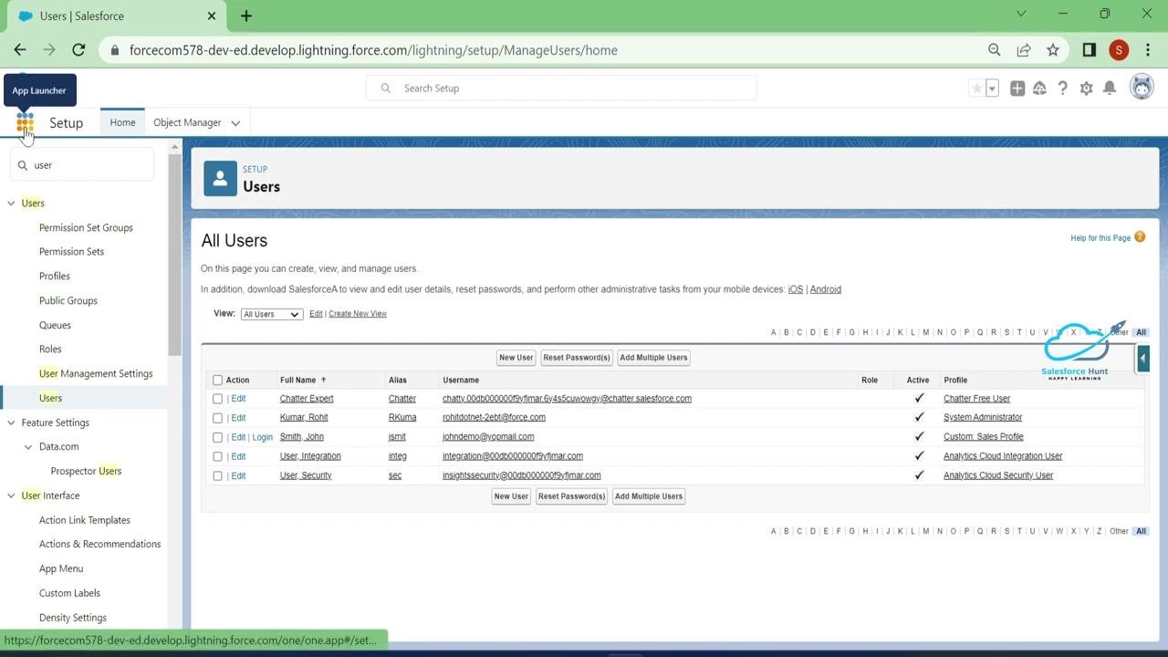 Salesforce Lightning interface with the App Launcher icon highlighted