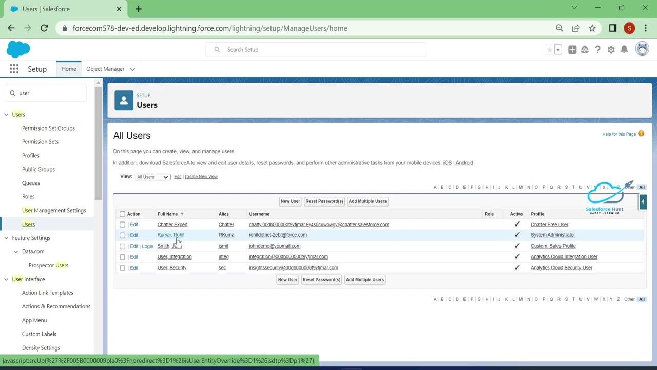 Salesforce Lightning interface showing the user avatar being selected to open the Setup menu