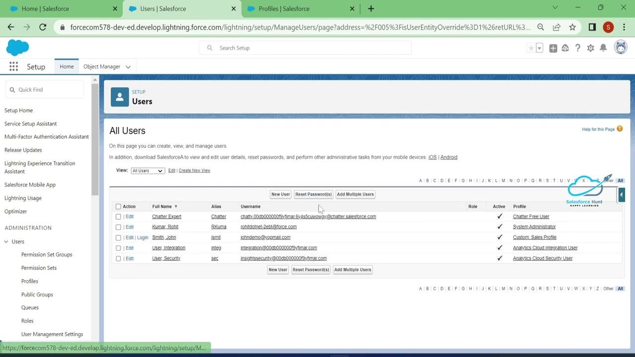 Salesforce Classic interface as the test user, showing the "Switch to Lightning Experience" link at the top