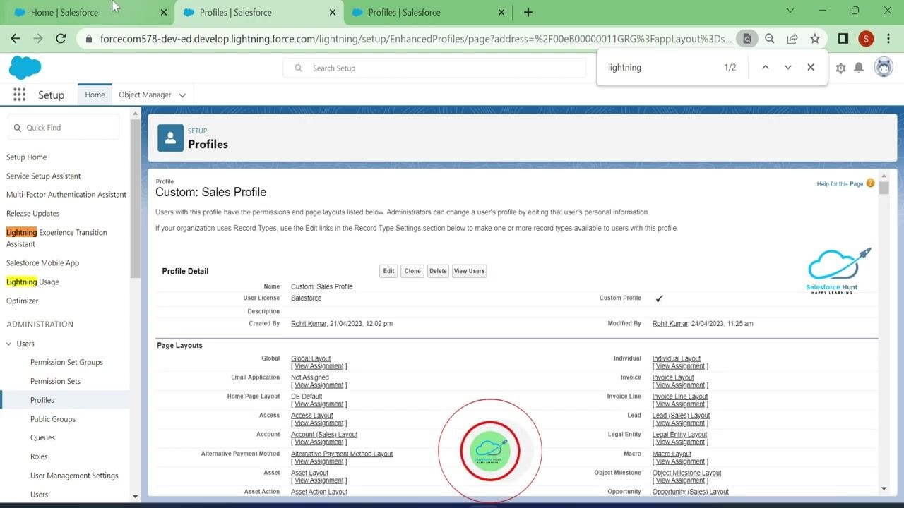 Salesforce Classic Home page as seen by the user after profile changes