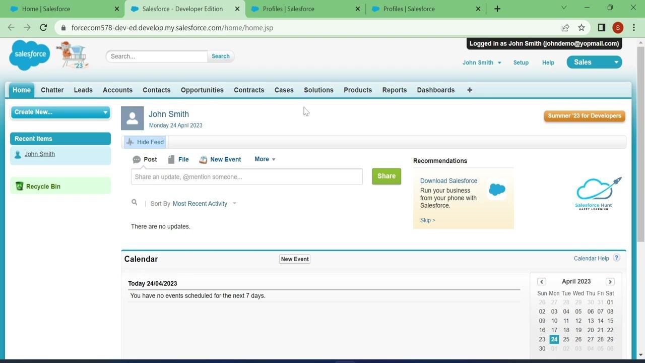 Salesforce Classic Home page as seen by the user after profile changes