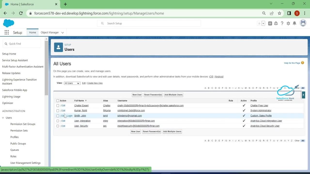 Salesforce Lightning dashboard showing System Administrator access