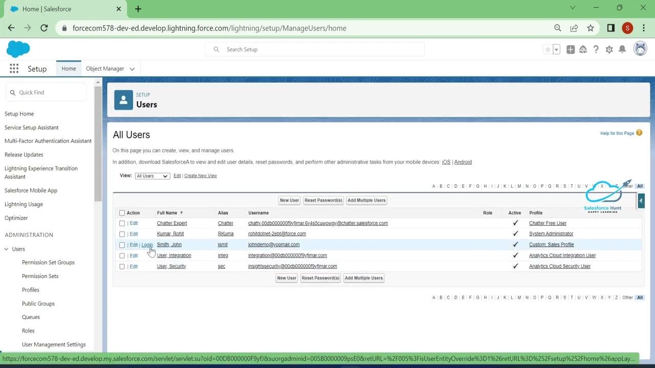 Salesforce Setup "All Users" page with the Login link next to the test user
